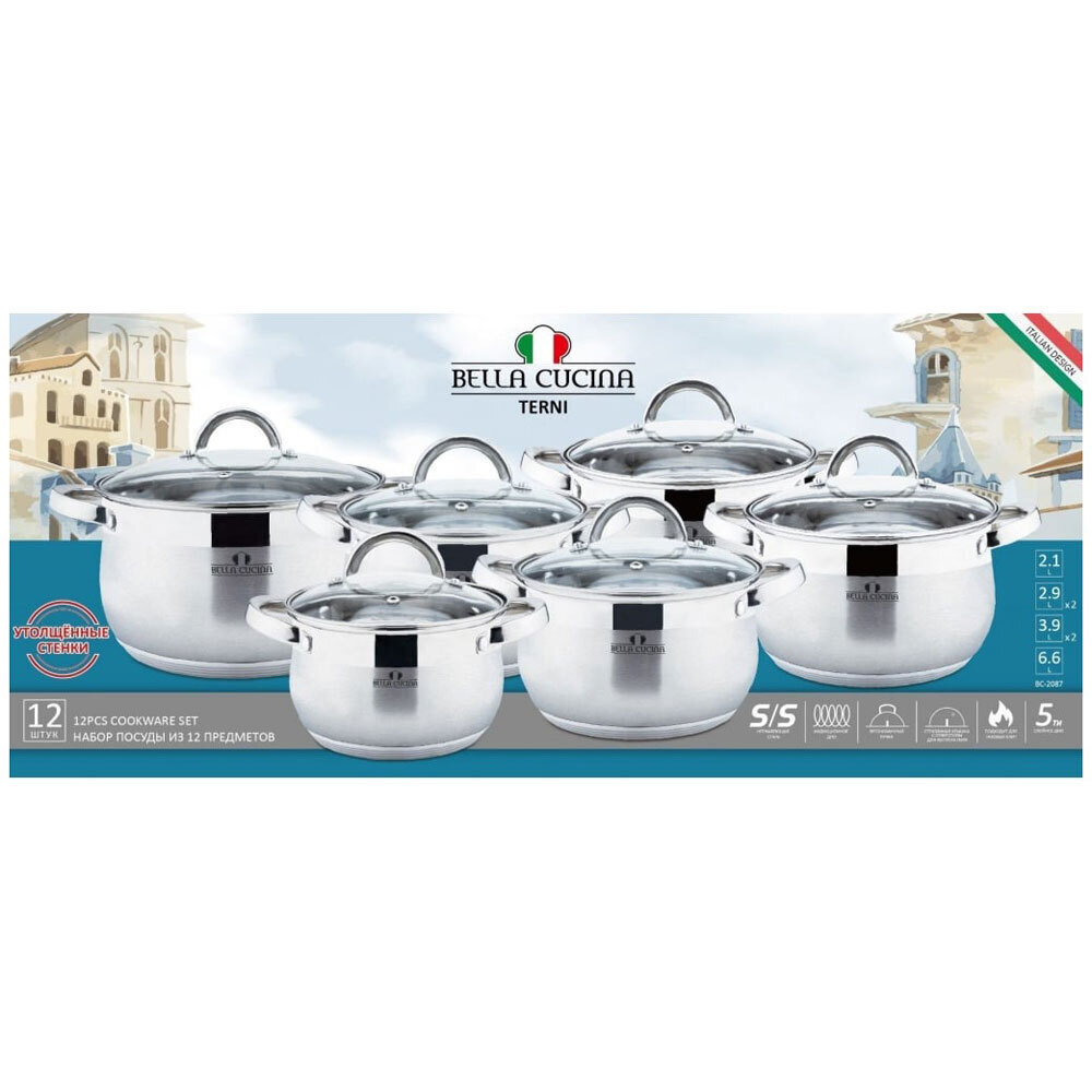 Набор кастрюль 6 предметов (2,1л, 2,9л, 2,9л, 3,9л, 3,9л, 6,6л) нерж Bella Cucina BC-2087