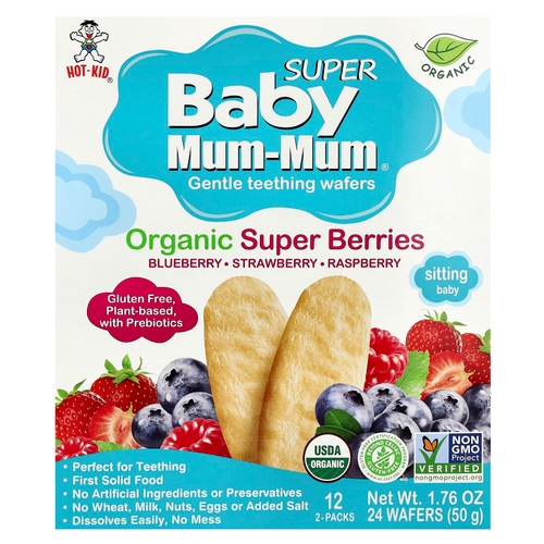 Hot Kid, Baby Mum-Mum® Super, нежные вафли для прорезывания зубов, органические суперягоды, 12 пакетиков по 2 жевательные таблетки