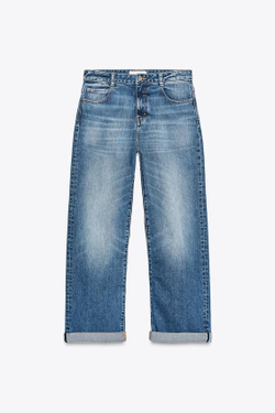ZARA ДЖИНСЫ Z.07 RELAXED FIT С ВЫСОКОЙ ПОСАДКОЙ И ОТВОРОТАМИ, СИНИЙ