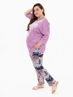 Брюки женские с принтом, цвет белый/розовый, размер 52