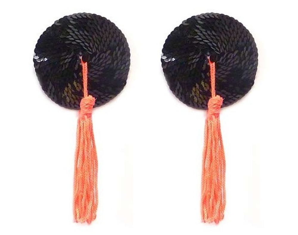 Черные пэстис с блестками и коралловыми кисточками