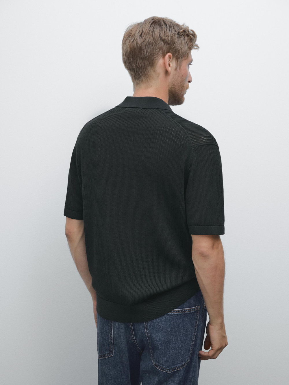 Massimo Dutti Поло с V-образным вырезом и ажурной отделкой, темно-синий