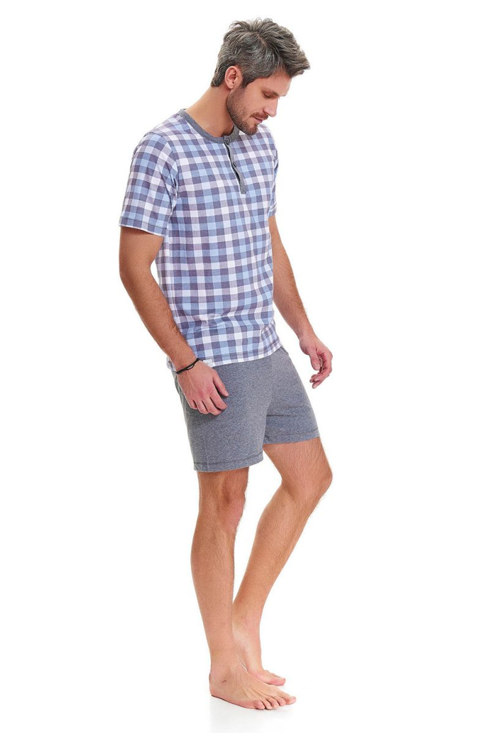 Клетчатая мужская пижама с шортами (Размер: M) (Цвет: серый с синим)