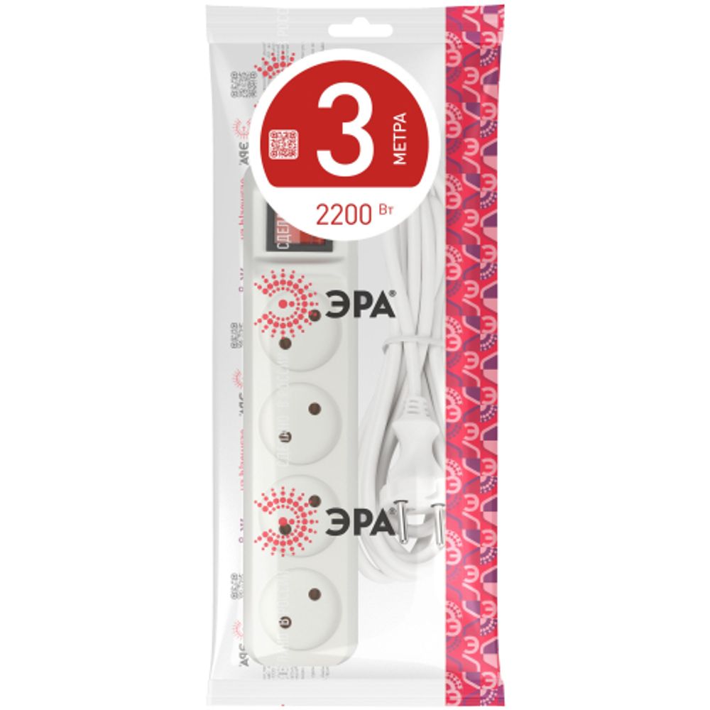 Удлинитель электрический ЭРА U-4s-3m-2x1 без заземления c выключателем 4 розетки 3м ПВС 2x1мм2 10А