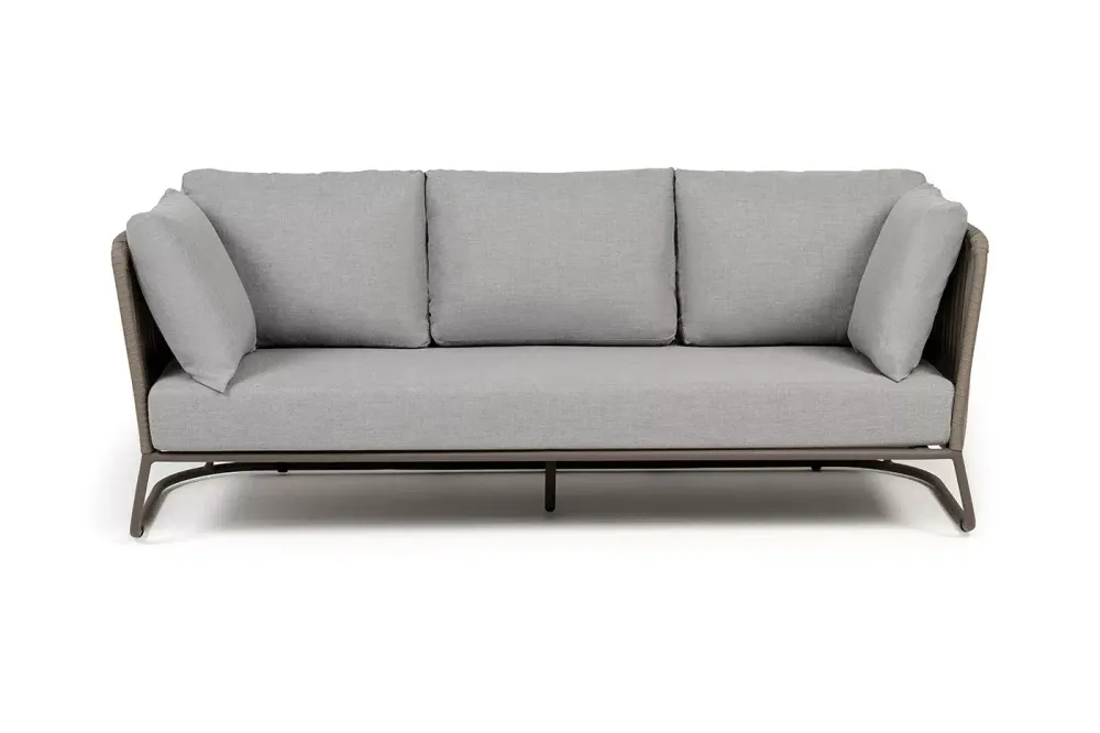 "Багамы" диван 3-местный плетеный из роупа, каркас алюминий бежево-серый (RAL7006) муар, роуп серо-коричневый 23мм, ткань светло-серая