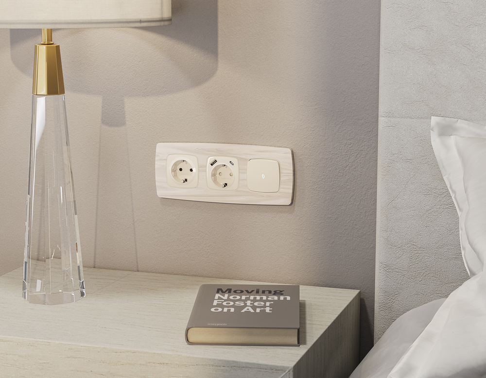 MO310010 Комплект механизма электрической розетки OMEGA Бежевый глянец 2USB A+C 20W (быстрая зарядка) с/з QUANT (OP3100, VM160)