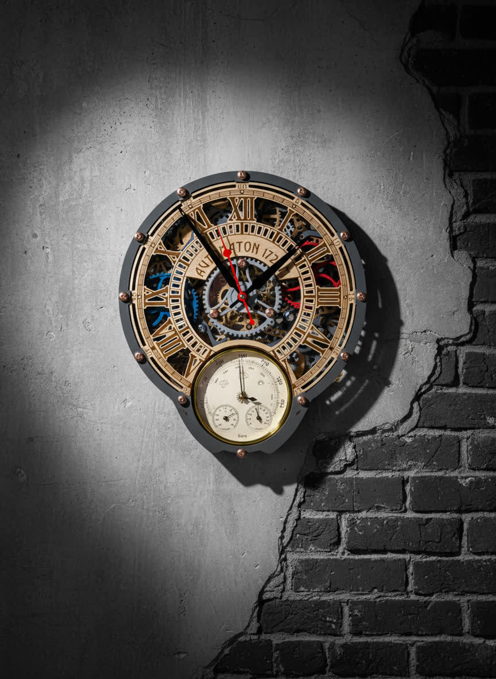 Настенные часы-метеостанция WOODandROOT Automaton 1722 с барометром и термометром в стиле лофт — шестерёнки и гравировка Automaton