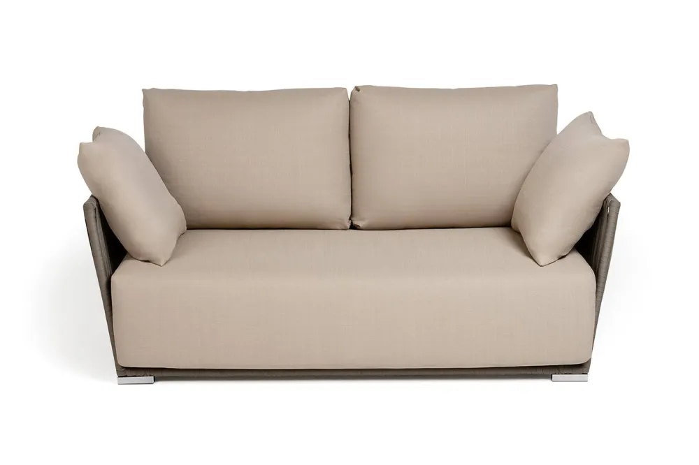 "Форли" диван 2-местный плетеный из роупа, каркас алюминий светло-серый (RAL7035) муар, роуп серо-коричневый 23мм, ткань Mossle бежевая