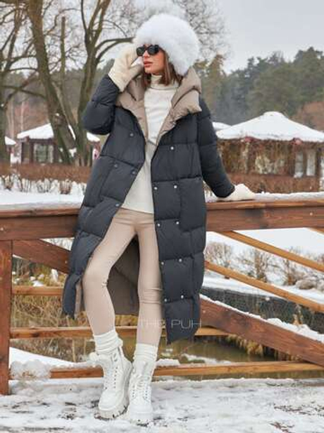 Длинный двусторонний пуховик черно-шоколадного цвета