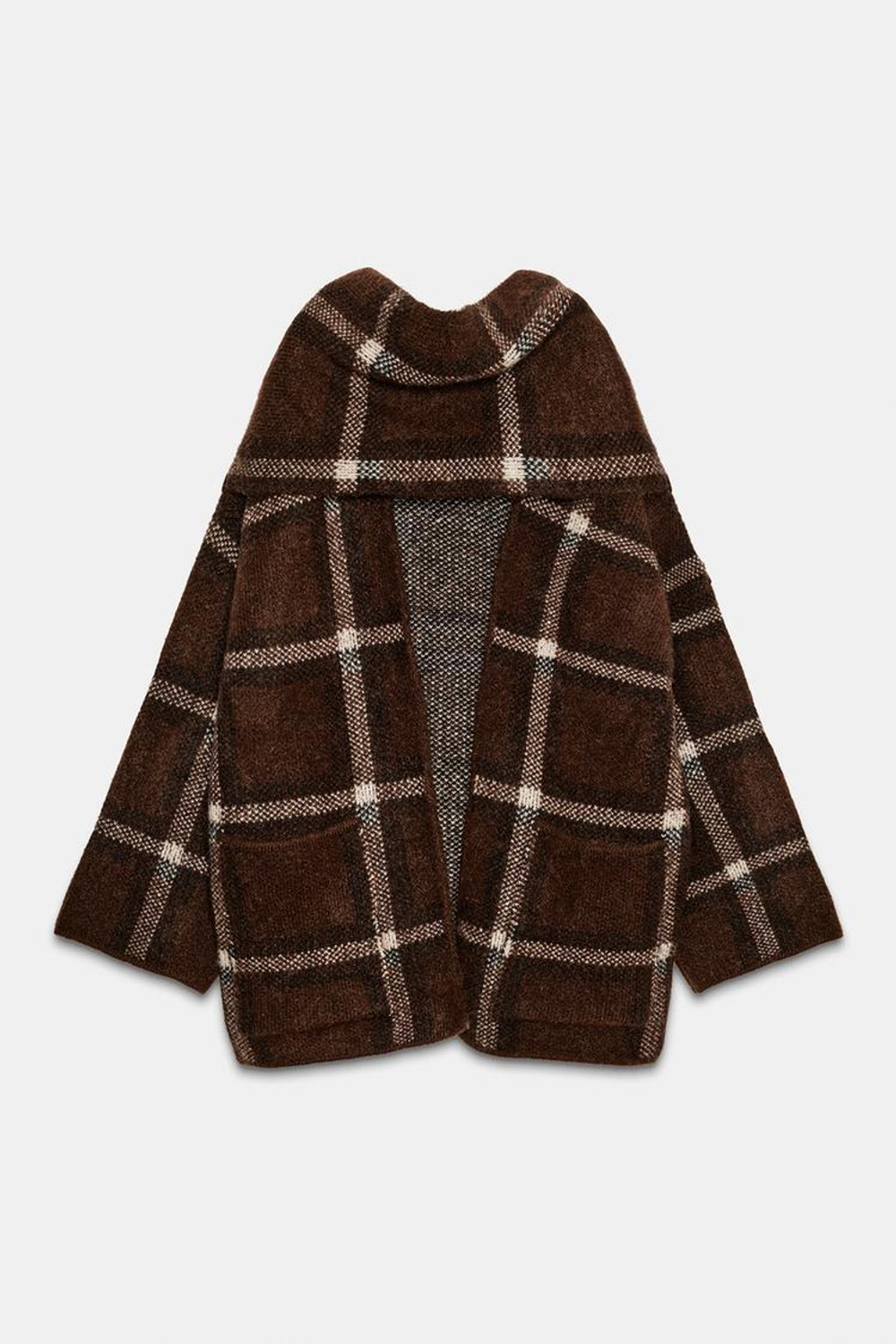 ZARA КОРОТКОЕ ТРИКОТАЖНОЕ ПАЛЬТО С ШАРФОМ В КЛЕТКУ, КОРИЧНЕВЫЙ