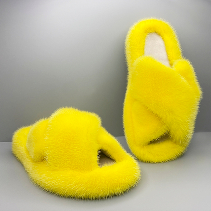 Обувь из натурального меха норки с перекрестными шлейками цвет Лимон