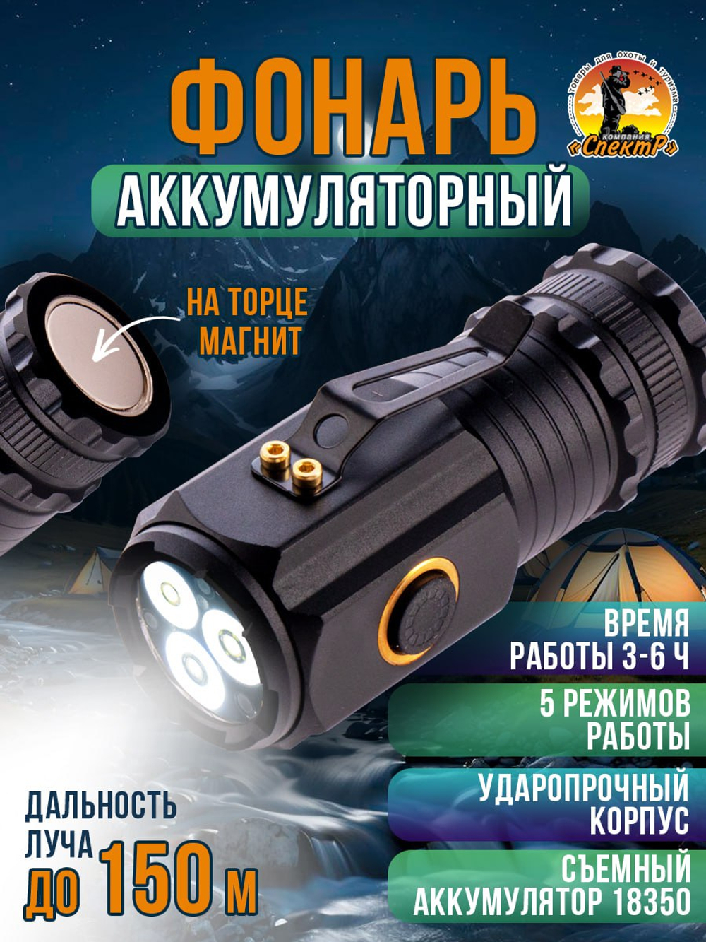 Фонарь ручной аккумуляторный Power bank Магнит диод PМ10TG,СОВ