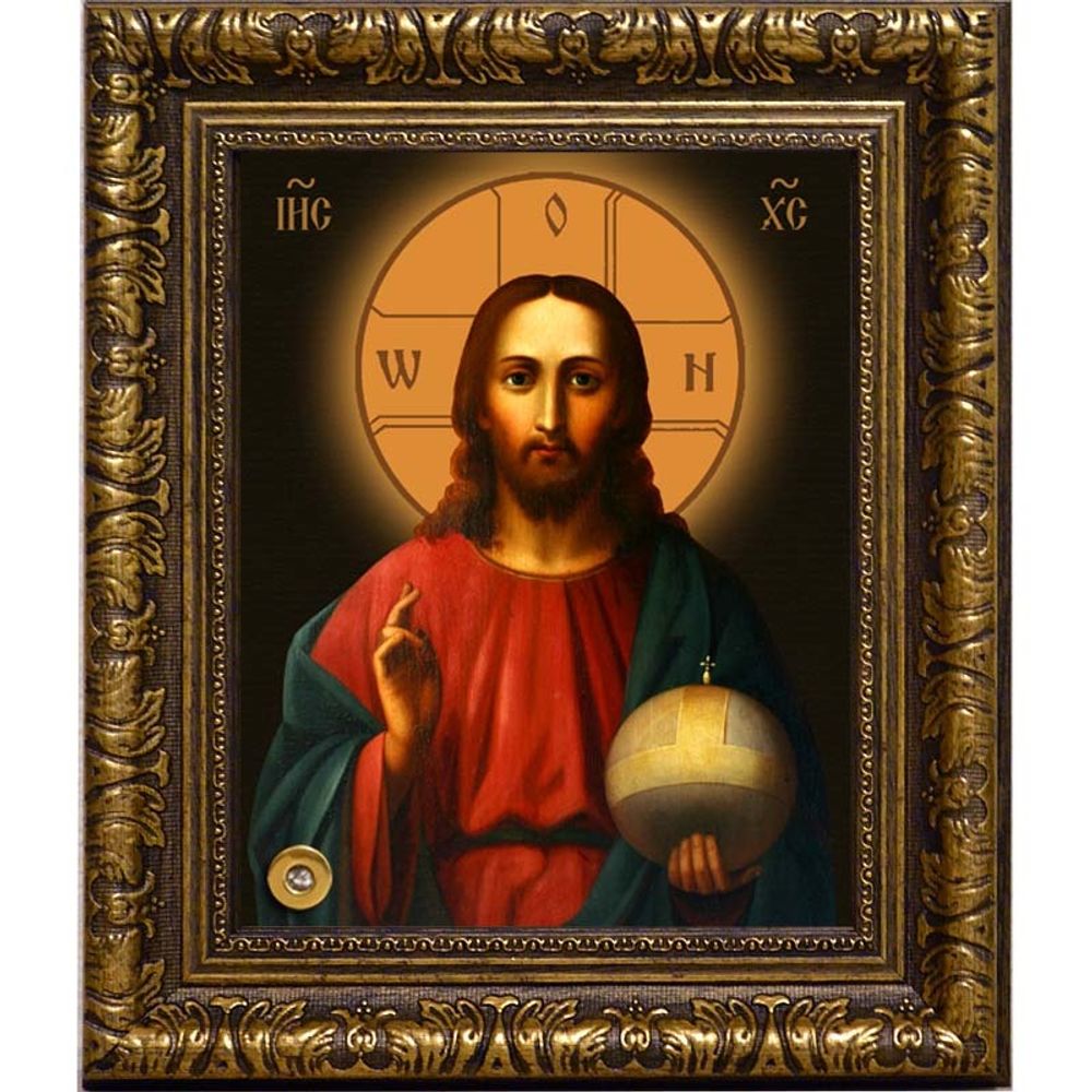 Господь Вседержитель с державой. Копия старинной иконы на холсте с мощевиком.