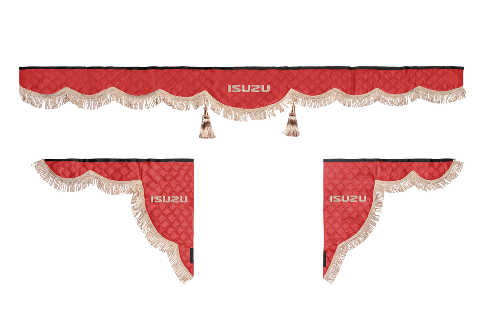 Ламбрекен с косынками стеганые Isuzu (экокожа, красный, бежевая бахрома "закрутка")