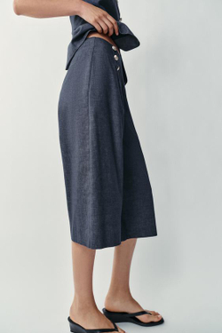 ZARA УДЛИНЕННЫЕ ШОРТЫ ИЗ ЛЬНА С ПУГОВИЦАМИ, ИНДИГО