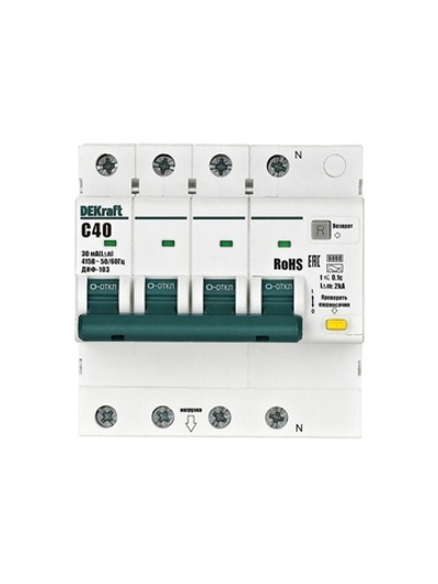 Выключатель автоматический дифференциального тока (АВДТ) 3P+N C 40А 30мА AC ДИФ-103 6кА DEKraft 16405DEK