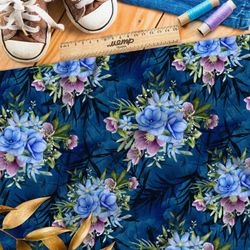 Ткань шелк Армани пастельные цветы на синем фоне с листьями