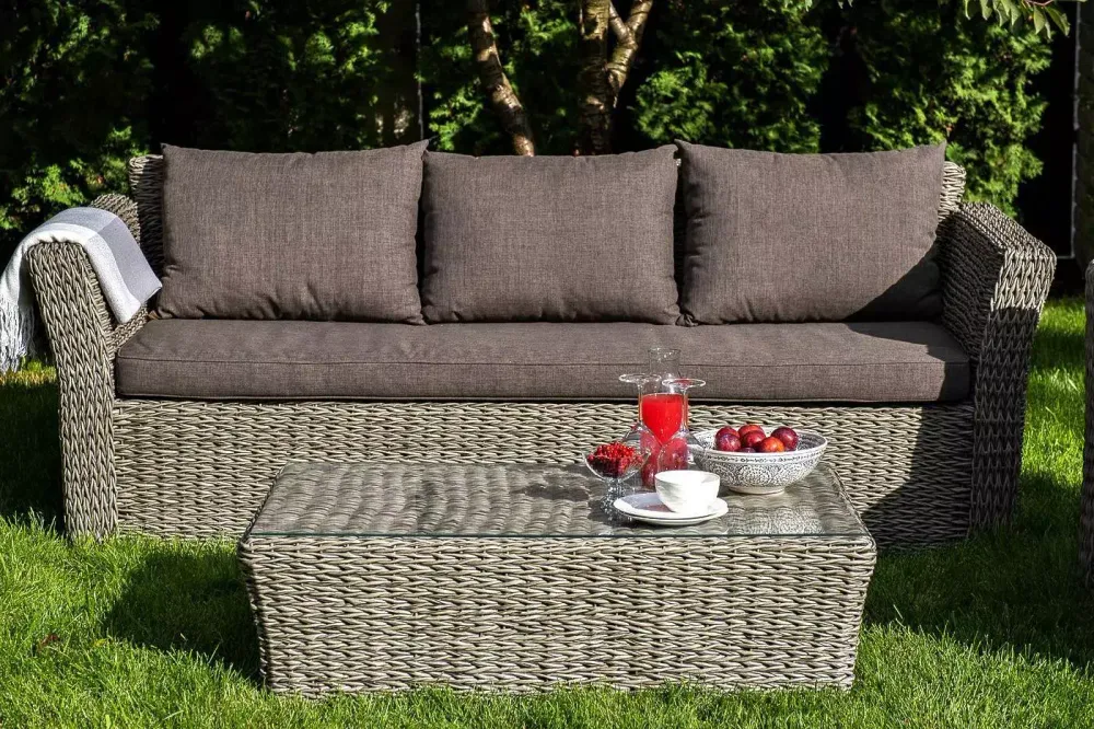 "Капучино" диван из искусственного ротанга (гиацинт) трехместный с подушками, цвет серый