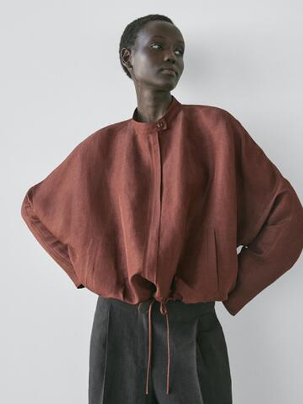 Massimo Dutti Бомбер из смесового льна, коричневый