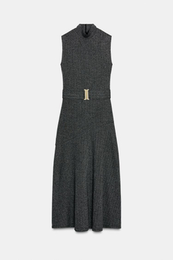 ZARA ПЛАТЬЕ ИЗ САРЖИ С ПОЯСОМ, ТЕМНО-СЕРЫЙ