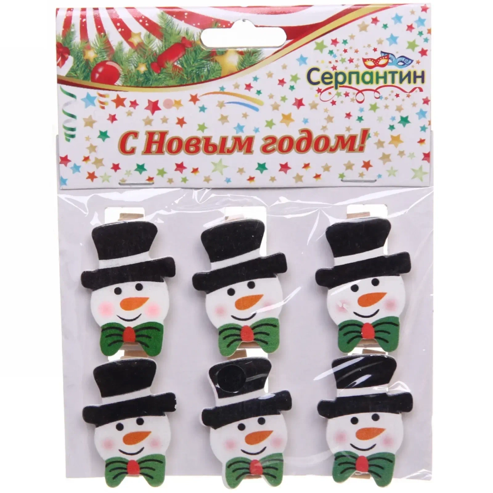 Прищепки декоративные «Снеговичок с бантом» 3,5 см (набор 6 шт)