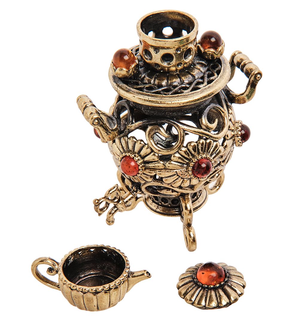 Народные промыслы AM-3234 Фигурка «Самовар Хризантема» (латунь, янтарь)