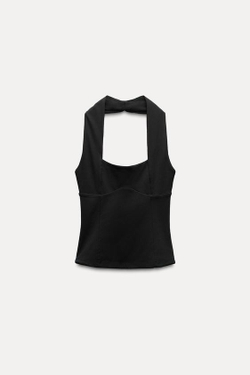 ZARA ЭЛАСТИЧНЫЙ ТОП С ГОРЛОВИНОЙ ХАЛТЕР И СБОРКОЙ, ЧЕРНЫЙ