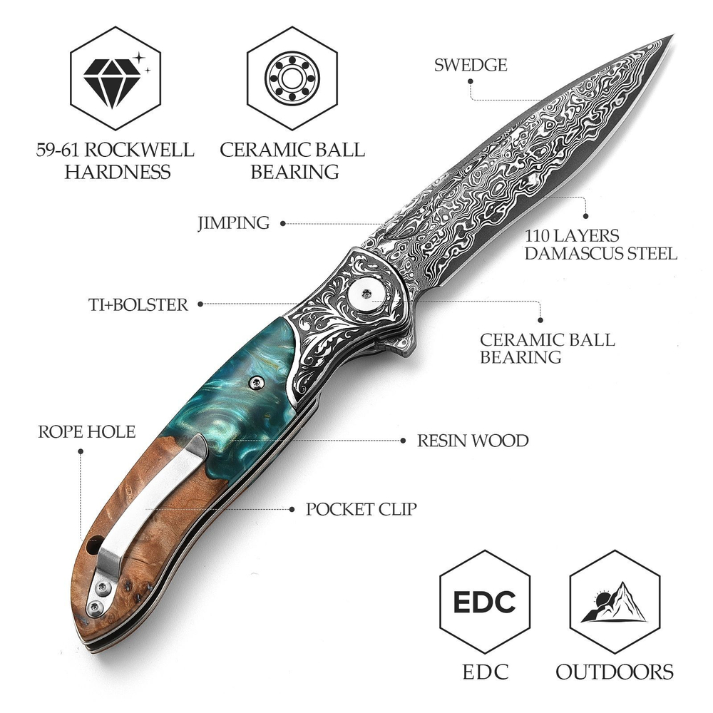 Складной туристический нож TRIVISA Virgo-07L клинок 67 Layers Damascus рукоять смола и дерево (бирюза-коричневый)