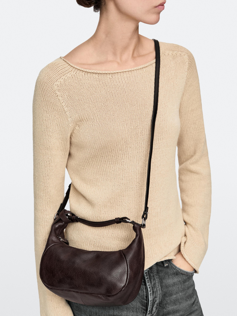 Massimo Dutti Сумка из натуральной кожи с металлической пряжкой, коричневый