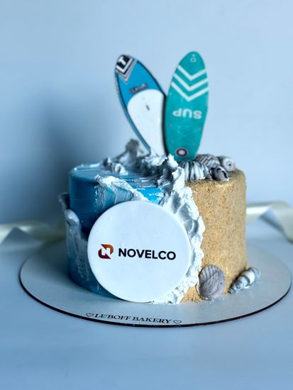 Торт с логотипом, волнами и сапами для Novelco