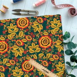 Ткань дюспо хохлома из небольших подсолнухов на зелёном фоне