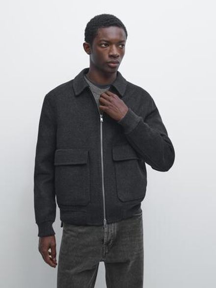 Massimo Dutti Куртка из смесовой шерсти с карманами, антрацитово-серый