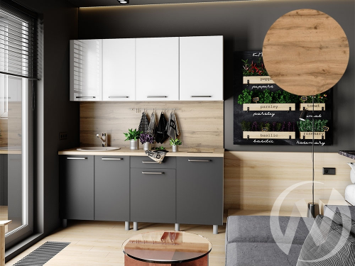 Кухня Ребекка 1.8м (корпус белый/белый; графит) 26мм дуб вотан