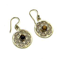 Серьги Flower of Life тигровый глаз из латуни