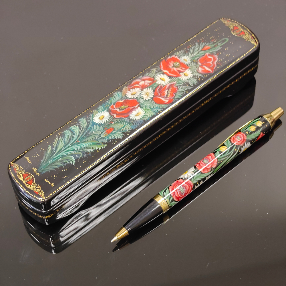 Ручка Паркер в шкатулке с ручной росписью "Ромашки и маки"