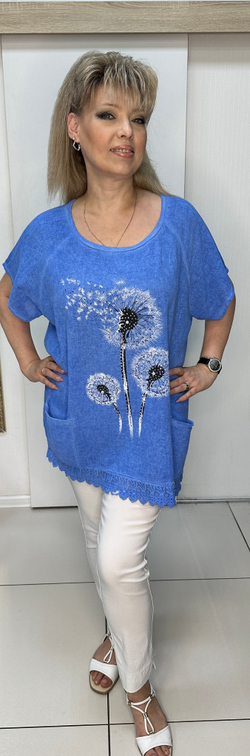 Комбинированная футболка-туника с изображением одуванчиков