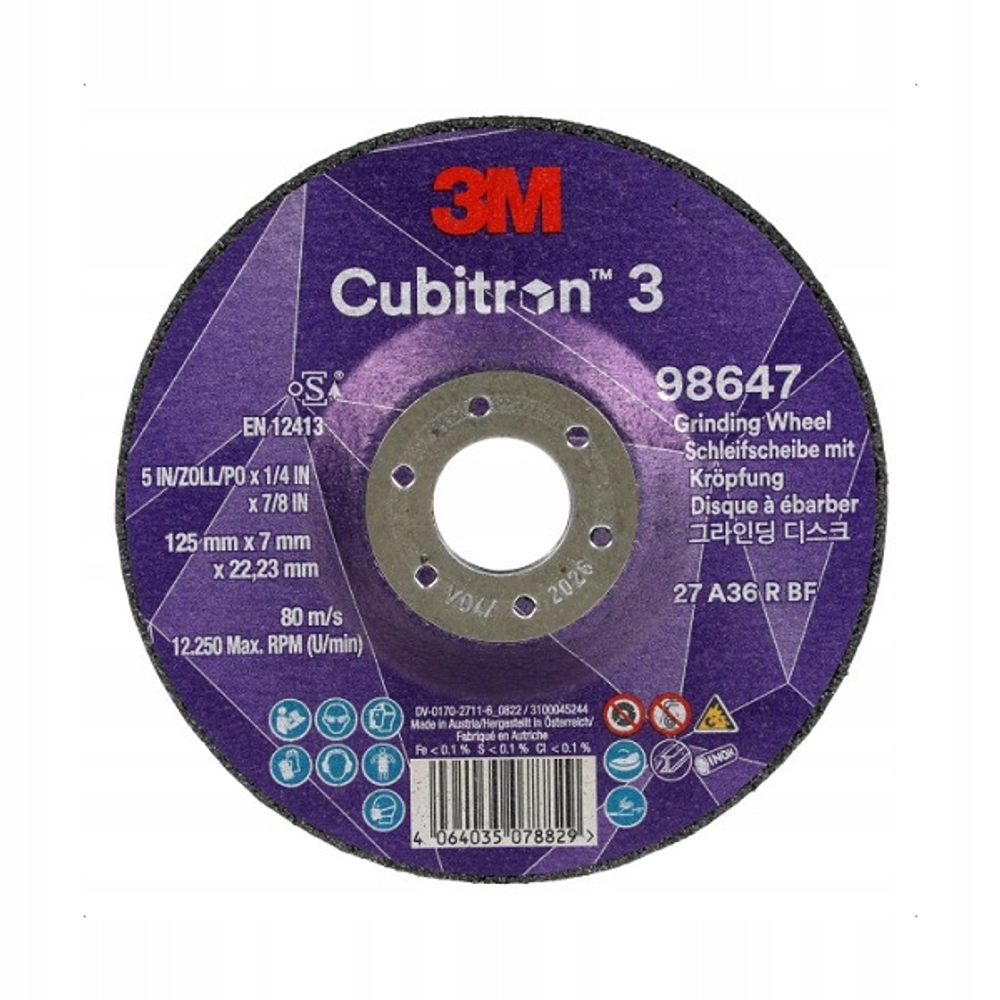 Диск шлифовальный 3M Cubitron 3 со сниженным центром, 36+, T27, 125 x 7 x 22,23 мм (98647)