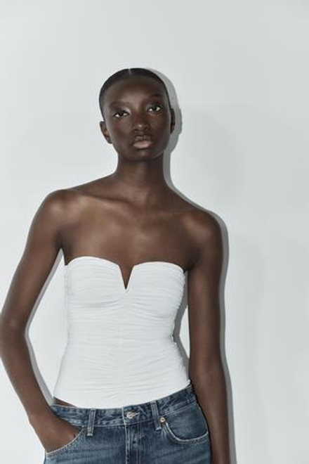ZARA БОДИ БАНДО ИЗ ПОЛИАМИДА СО СБОРКАМИ, БЕЛЫЙ