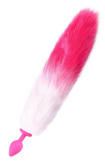 Розовая анальная пробка с длинным бело-розовым хвостом (Цвет: розовый с белым)