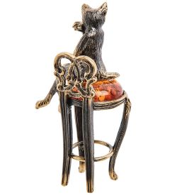 Народные промыслы AM-3060 Фигурка «Кошка Кокетка на стуле» (латунь, янтарь)