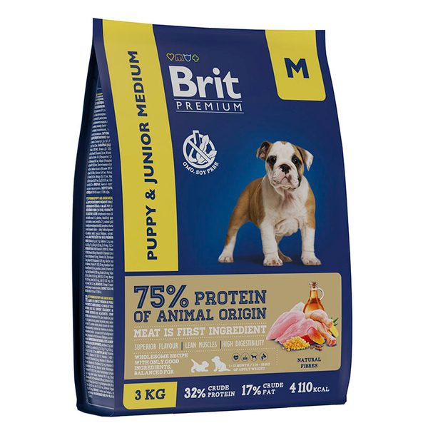 Корм BRIT Premium Dog Puppy and Junior Medium с курицей 3кг,для щенков ср.пород 02.2025