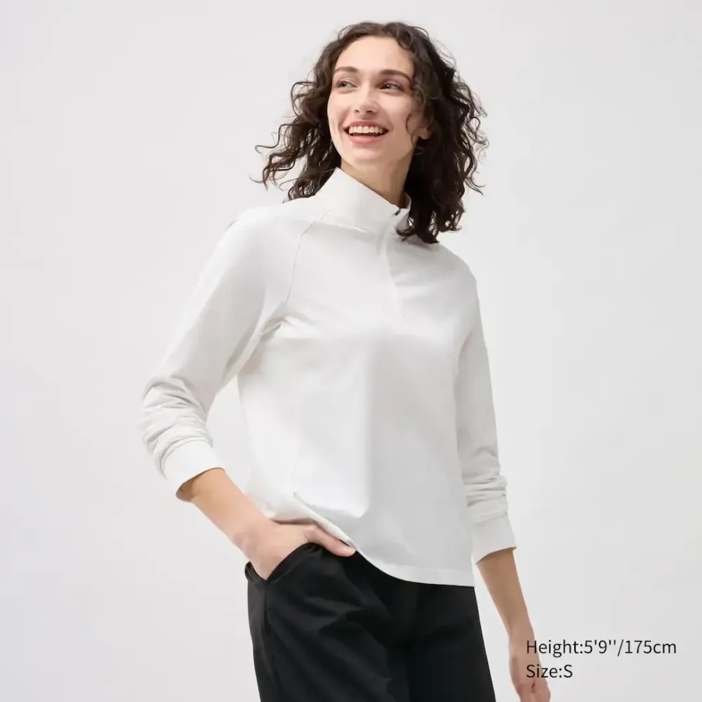 UNIQLO ФУТБОЛКА С ДЛИННЫМИ РУКАВАМИ НА МОЛНИИ, БЕЛЫЙ