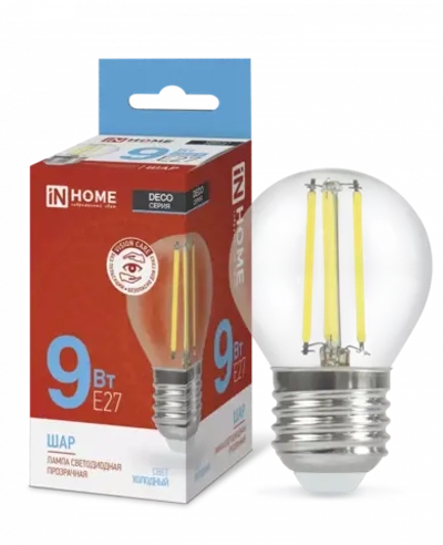 Лампа светодиодная LED-ШАР-deco 9Вт 230В Е27 6500К ХОЛОДНЫЙ 1040Лм прозрачная IN HOME