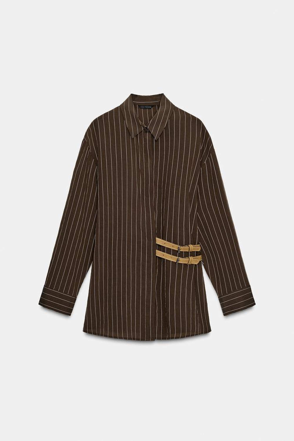 ZARA РУБАШКА В ПОЛОСКУ С ПРЯЖКАМИ, КОРИЧНЕВЫЙ/ЭКРЮ