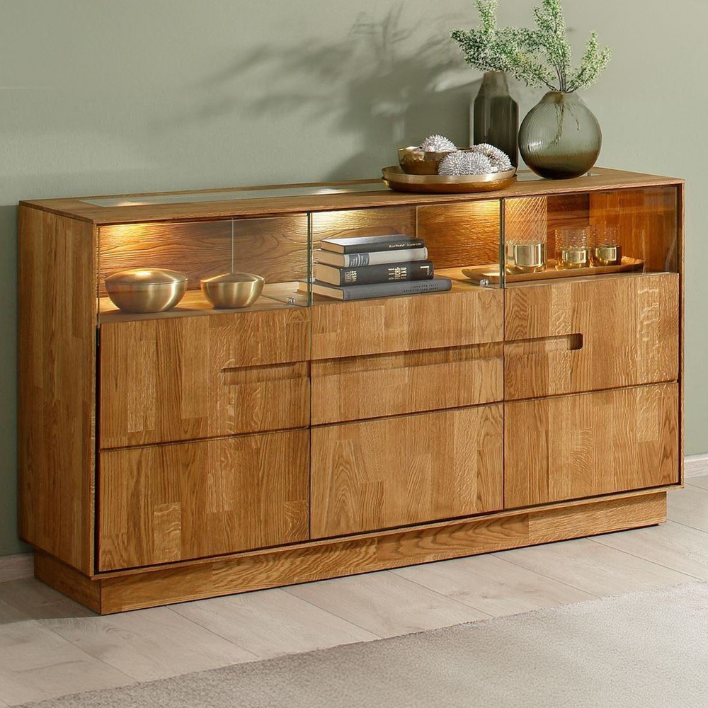 Комод Паво из дуба с подсветкой 140х80х42, 3 двери со стеклом, цвет натуральный