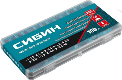 СИБИН 100 шт, (1-10 мм), быстрорежущая сталь, класс В, пласт.бокс, набор сверл по металлу (29610-H100)