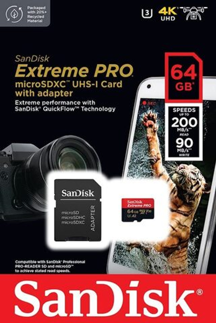 Карта памяти SanDisk Extreme Pro microSDXC 64GB UHS-I U3 V30 A2, R/W 200/90 МБ/с с адаптером