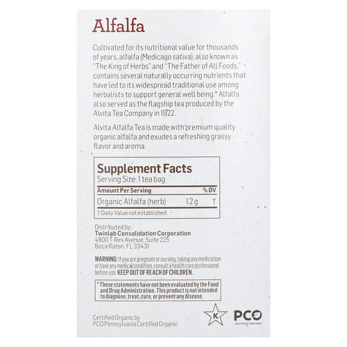 Alvita Teas, органический растительный чай из люцерны, без кофеина, 16 индивидуально упакованных чайных пакетиков, 19,28 г (0,68 унции)