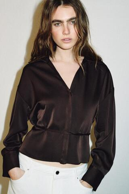 ZARA АТЛАСНАЯ БЛУЗКА С ТОНКИМ ПОЯСОМ, КОРИЧНЕВЫЙ