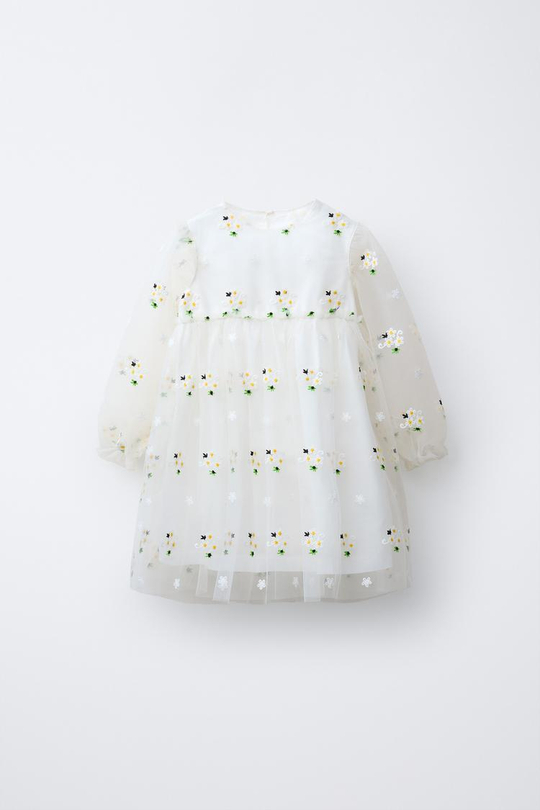 ZARA ПЛАТЬЕ С ВЫШИВКОЙ, ЖЕЛТОВАТО-БЕЛЫЙ